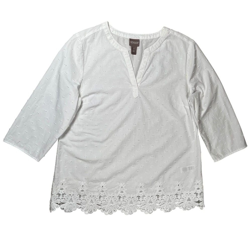 Chico's Clip Dot Tunic Women Size 8 White Crochet Lace Hem 3/4 Sleeve Split Neck